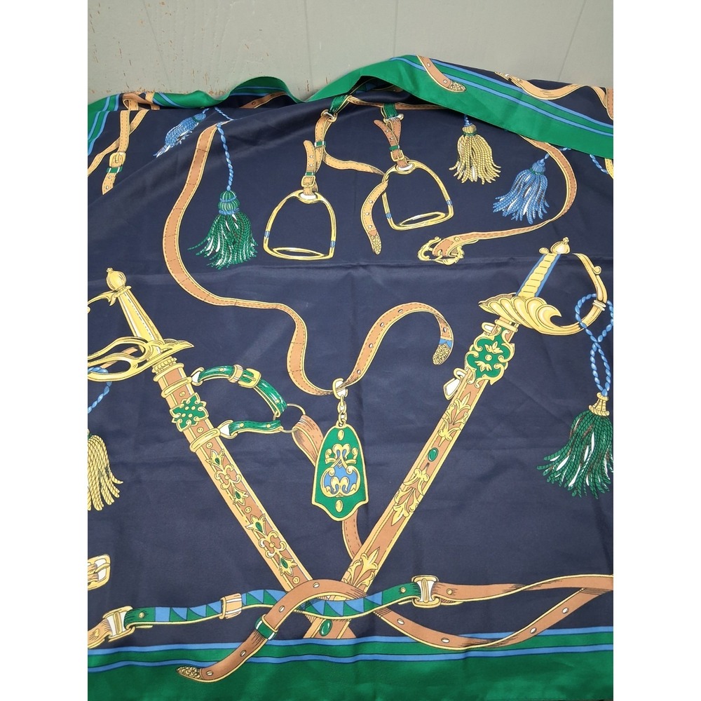 Navy Blue & Gold Equestrian Chain‎ Belt Print Scarf 30in Square Made Italy Horse
